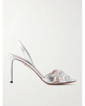 Aquazzura Ribbon Kiss 85 Crystal-Embellished Metallic Leather Sandals - Natural