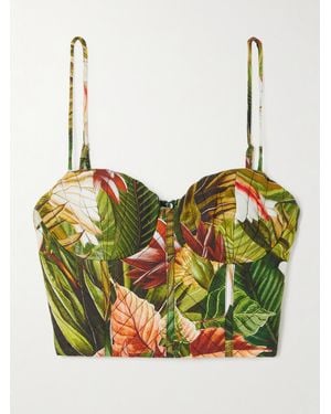 FARM Rio Botanical Forest Cropped Floral-Print Linen-Blend Top - Green