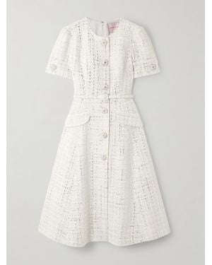Carolina Herrera Belted Embellished Metallic Tweed Midi Dress - White