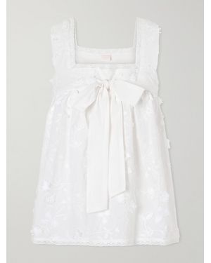 Loretta Caponi Suvereto Bow-Embellished Lace-Trimmed Broderie Anglaise Cotton Top - White