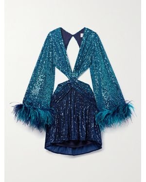 PATBO Alessandra Ambrosio Cutout Feather-Trimmed Sequined Tulle Mini Dress - Blue