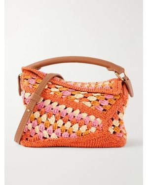 Loewe Paula's Ibiza Puzzle Edge Mini Leather-Trimmed Crocheted Raffia Shoulder Bag - Orange