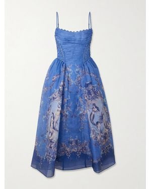 Zimmermann Rebellion Lace-Up Embellished Pleated Gathered Printed Linen And Silk-Blend Midi Dress - Blue