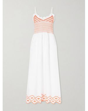 Loretta Caponi Bianca Ruffled Emrboidered Shirred Cotton-Poplin Midi Dress - White