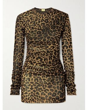 Saint Laurent Leopard-Print Ruched Mesh Mini Dress - Multicolor