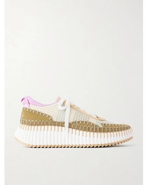 Chloé Nama Embroidered Suede And Recycled-Mesh Trainers - Natural