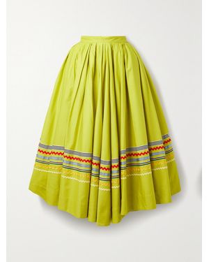 Christopher John Rogers Striped Grosgrain And Ric Rac-Trimmed Pleated Cotton Maxi Skirt - Yellow