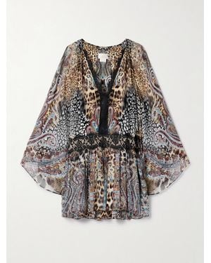 CAMILLA Oversized Lace-Trimmed Printed Silk Crepe De Chine Mini Dress - Multicolor
