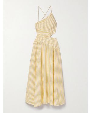 Zimmermann Cascadian Cutout Ruched Striped Linen Midi Dress - White