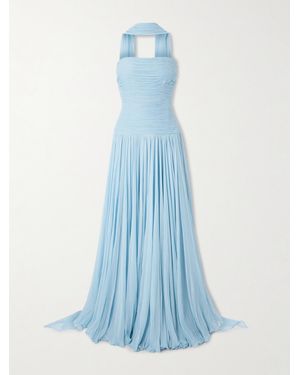 Marmar Halim Strapless Scarf-Detailed Plissé Silk-Georgette Gown - Blue