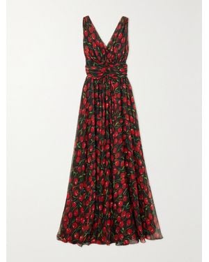 Dolce & Gabbana Gathered Printed Silk-Blend Chiffon Maxi Dress - Brown