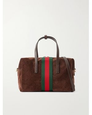 Gucci Essence Web And Leather-Trimmed Perforated Suede Shoulder Bag - Red