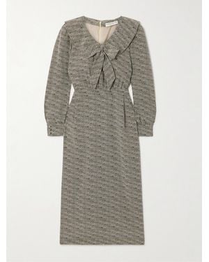 Alessandra Rich Midikleid Aus Seidenchiffon Mit Leopardenprint, Falten Und Schleife - Grau