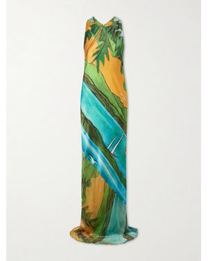 Donde Esteban Magdalena Printed Silk-Blend Satin Maxi Dress - Blue