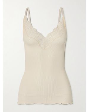 Saint Laurent Lace-Trimmed Ribbed Silk-Jersey Tank Top - Natural