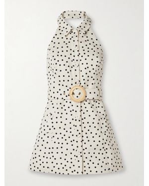 Cara Cara Parker Belted Polka-Dot Denim Halterneck Mini Dress - White
