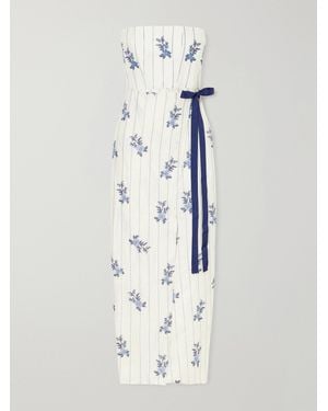 Agua Bendita Cinefila Striped Embellished Linen Midi Dress - White