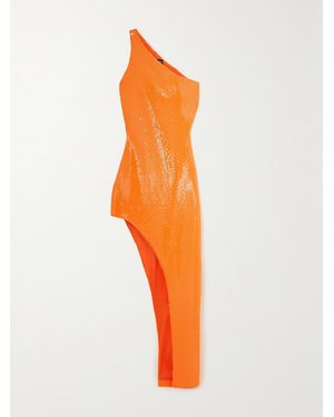 David Koma One-Shoulder Asymmetric Sequined Crepe Midi Dress - Orange