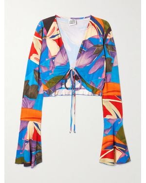 Donde Esteban Palenque Flores Cropped Tie-Detailed Floral-Print Jersey Top - Blue
