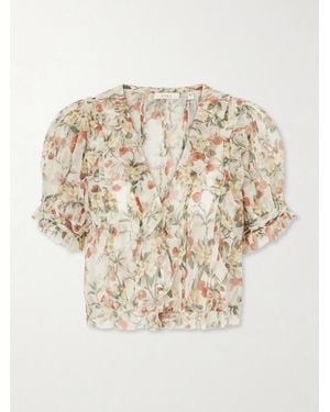 Doen Salona Pintucked Ruffled Floral-Print Silk-Georgette Blouse - Natural