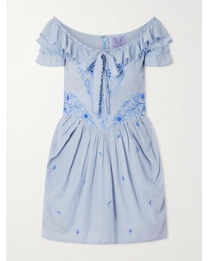 Thierry Colson Falbala Off-The-Shoulder Bow-Detailed Ruffled Pleated Embroidered Cotton-Voile Mini Dress - Blue