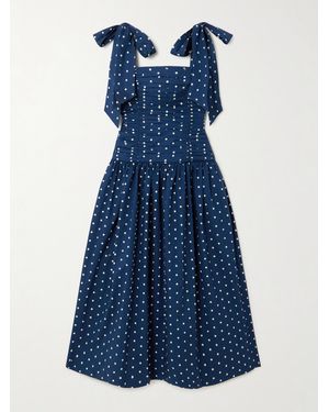 Cara Cara Rahi Tie-Detailed Ruched Gathered Polka-Dot Cotton Midi Dress - Blue