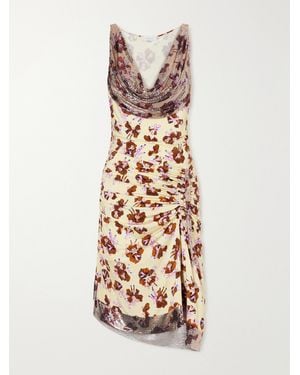 Rabanne Chainmail-Embellished Ruched Floral-Print Satin Mini Dress - White