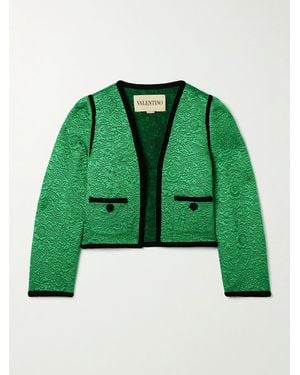 Valentino Garavani Velvet-Trimmed Floral-Jacquard Wool And Silk-Blend Satin Jacket - Green