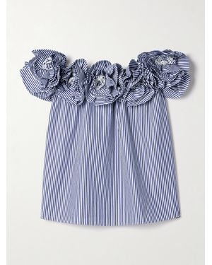 Carolina Herrera Ruffled Off-The-Shoulder Striped Cotton-Poplin Top - Blue