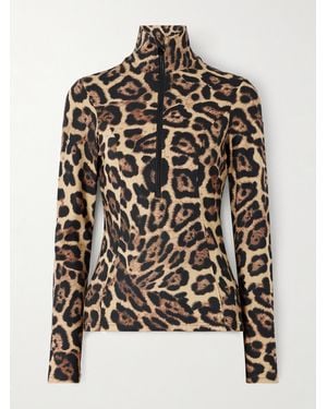 Goldbergh Leona Leopard-Print Stretch Recycled-Jersey Half-Zip Top - Black