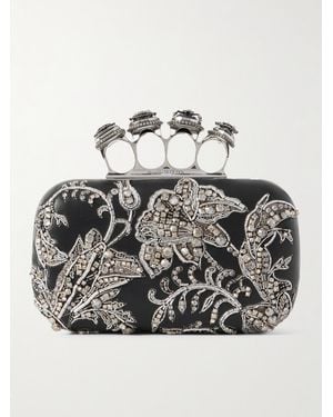 McQueen Crystal-Embellished Embroidered Leather Clutch - Grey