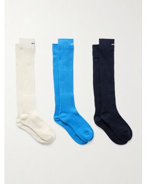 ShuShu/Tong Pack Of Three Embroidered Cotton-Blend Socks - Blue