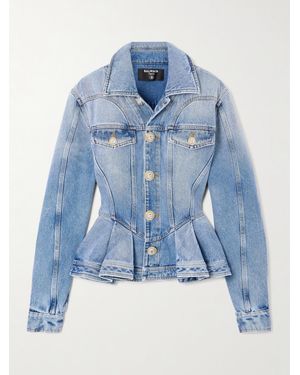 Balmain Ruffled Denim Peplum Jacket - Blue