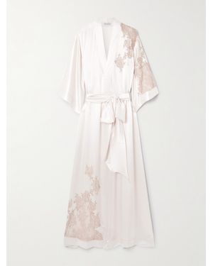 Carine Gilson Belted Lace-Trimmed Silk-Satin Robe - Natural