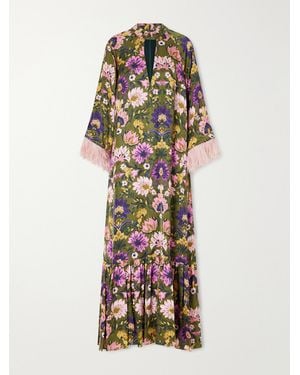 Borgo De Nor Avalon Feather-Trimmed Printed Satin Maxi Dress - White