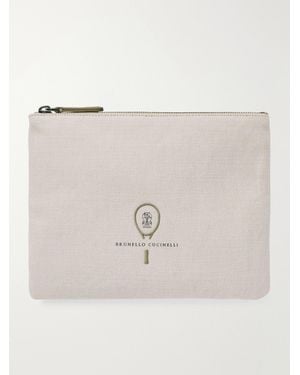Brunello Cucinelli Embroidered Leather-Trimmed Cotton And Linen-Blend Tweed Pouch - Natural