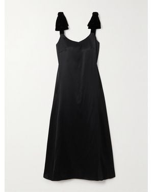 Chloé Bow-Embellished Velvet-Trimmed Wool And Silk-Blend Satin Midi Dress - Black