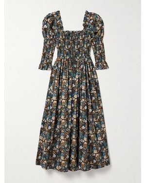 Doen Bijou Shirred Floral-Print Organic Cotton-Voile Midi Dress - Multicolor