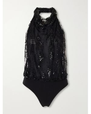 STAUD Monay Flocked Bead-Embellished Jersey Bodysuit - Black