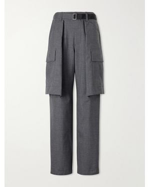 Sacai Pleated Belted Twill Wide-Leg Pants - Gray