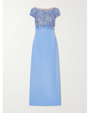 Oscar de la Renta Crystal-Embellished Embroidered Wool-Blend Gown - Blue