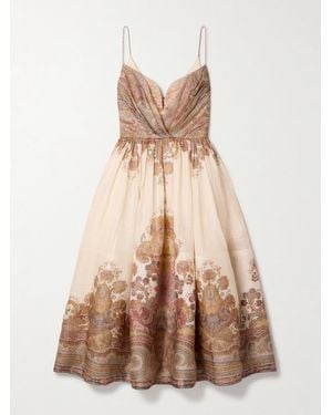 Zimmermann Illustration Pleated Printed Linen And Silk-Blend Organza Midi Dress - Natural