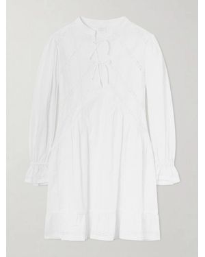 Loretta Caponi Recanati Ruffled Pleated Lace-Trimmed Cotton Mini Dress - White