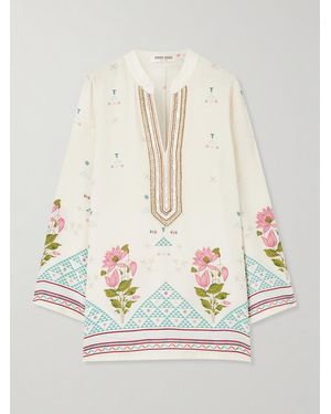 Emporio Sirenuse Jamila Embellished Printed Silk-Crepe Kaftan - Natural