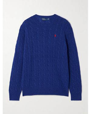 Polo Ralph Lauren Embroidered Cable-Knit Wool And Cashmere-Blend Jumper - Blue