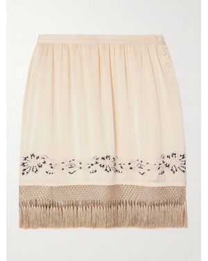 Bode Phantasm Fringed Embroidered Silk-Satin Mini Skirt - Natural