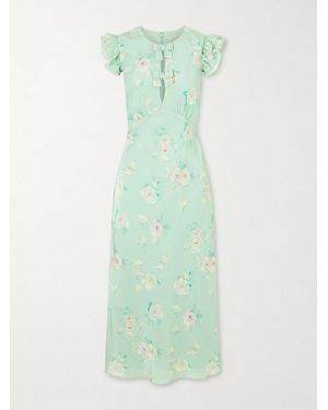 Alessandra Rich Floral-Print Ruffle-Trim Silk Midi Dress - Green