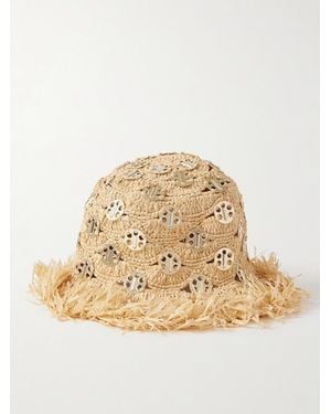 Rabanne Fringed Cutout Chainmail-Embellished Raffia Hat - Natural