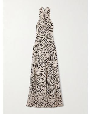 Maison Mayle Valentine Ruffled Printed Silk-Crepe Halterneck Maxi Dress - White