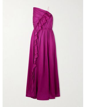 Ulla Johnson Aisha One-Shoulder Pintucked Ruffled Silk Chiffon Gown - Purple